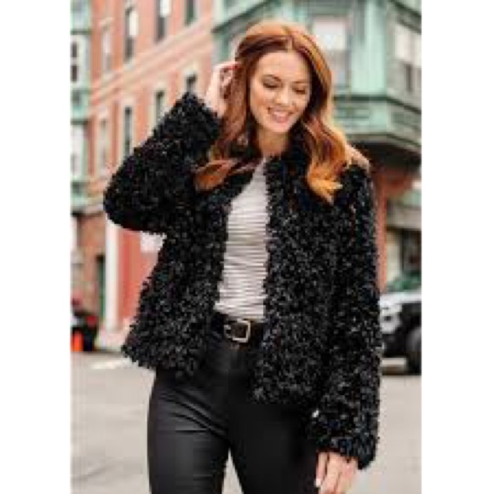 Donna Salyers Fabulous Furs Lexie Lamb Faux Fur Crop Jacket Black Size XS